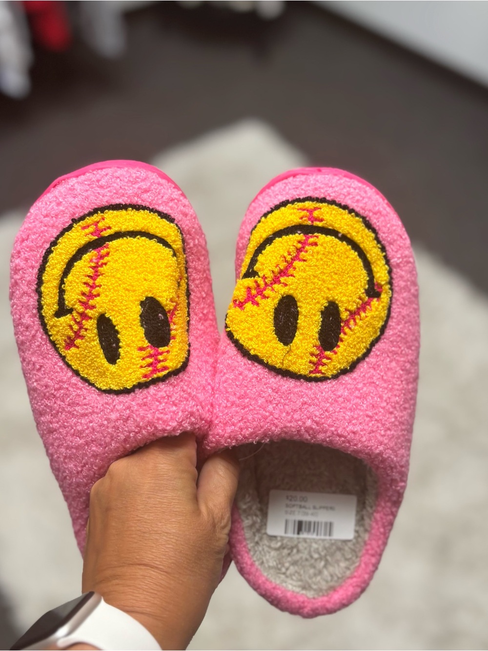 Pink Slippers with Yellow Softball Design